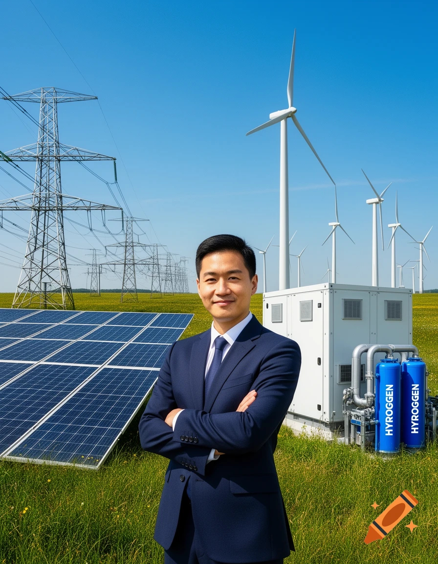 Man in a suit stands in a field with solar panels, wind turbines, power lines, and hydrogen storage tanks under a blue sky.