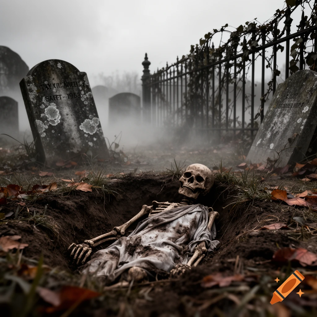 Photorealistic image of a skeleton in an open grave in a foggy, overgrown cemetery with old headstones.