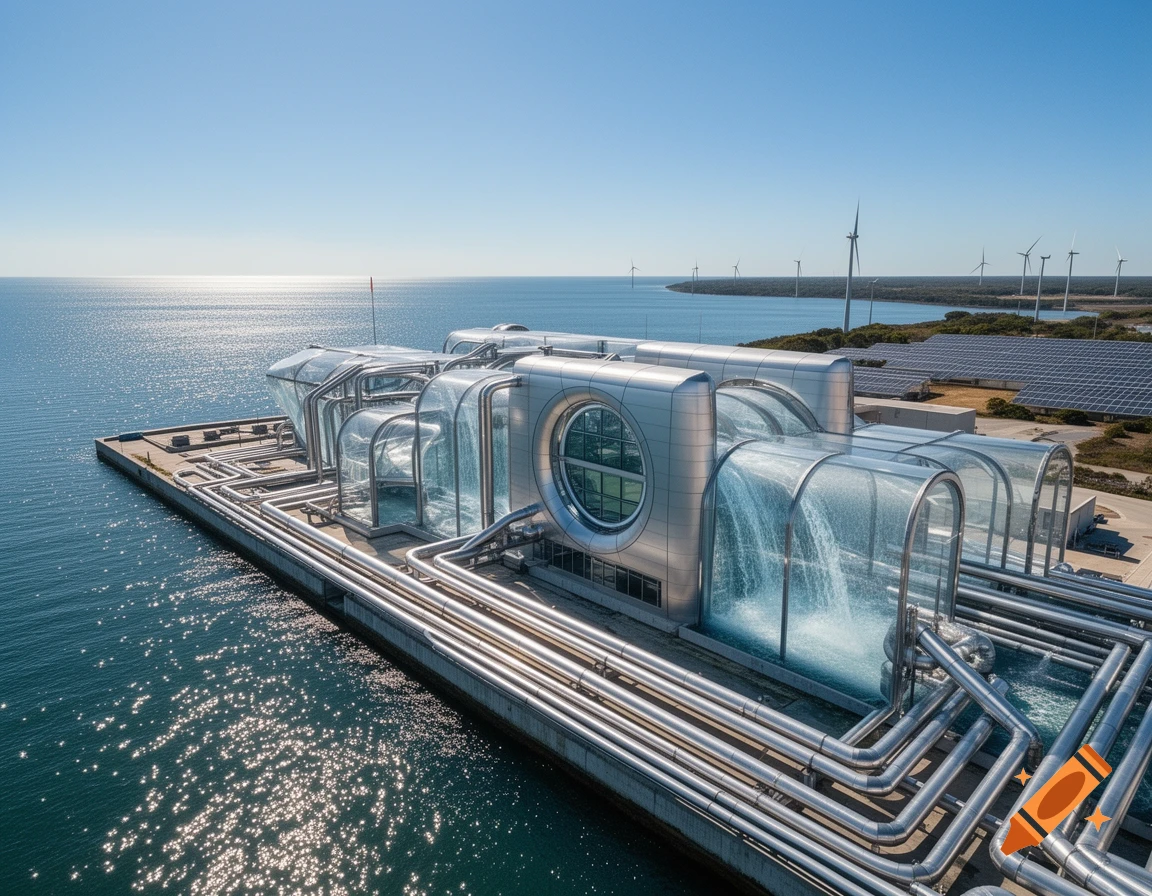 Futuristic osmotic power plant with glass and metal structures, cascading water, pipes, and distant wind turbines and solar panels by the sea.