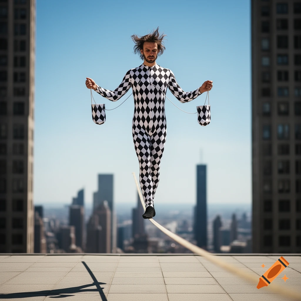 A man in a black and white harlequin suit walks a tightrope between tall city buildings, holding patterned buckets.