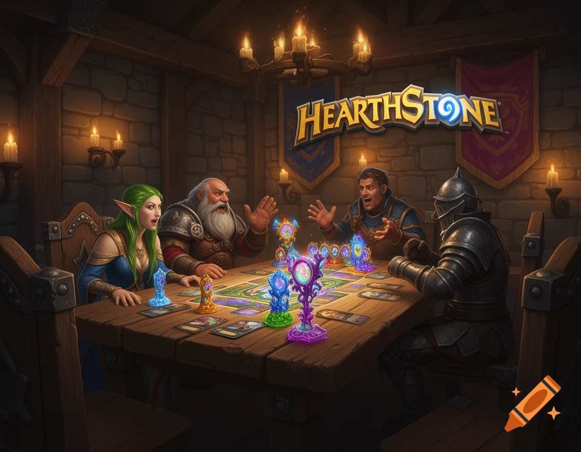Fantasy characters, including an elf, dwarf, human, and knight, play a glowing card game at a tavern table under a Hearthstone banner.