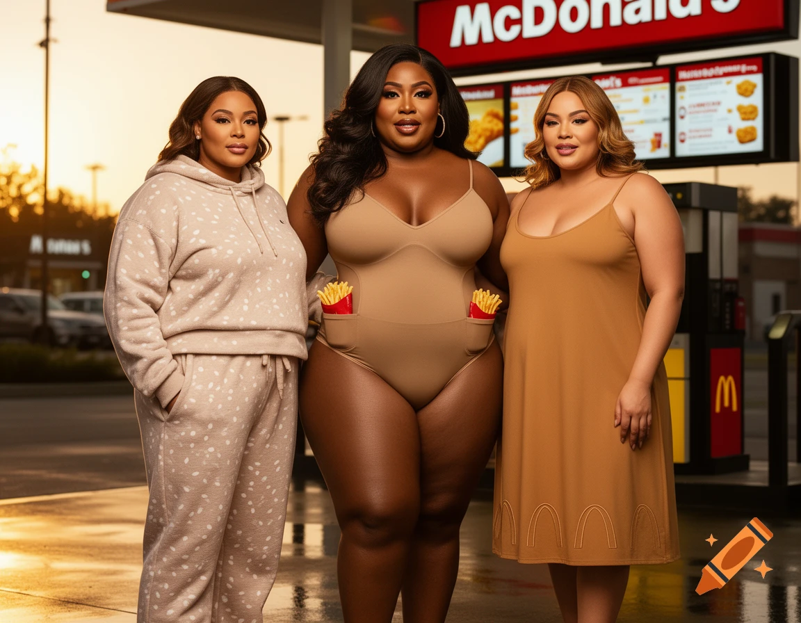 Three women pose in Skims-inspired outfits with McDonald's details in front of a McDonald's sign at sunset.
