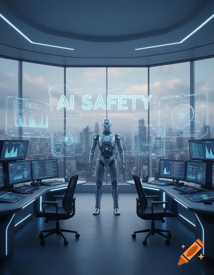 A humanoid robot stands in a futuristic control room overlooking a city, with 'AI SAFETY' displayed on a holographic screen.