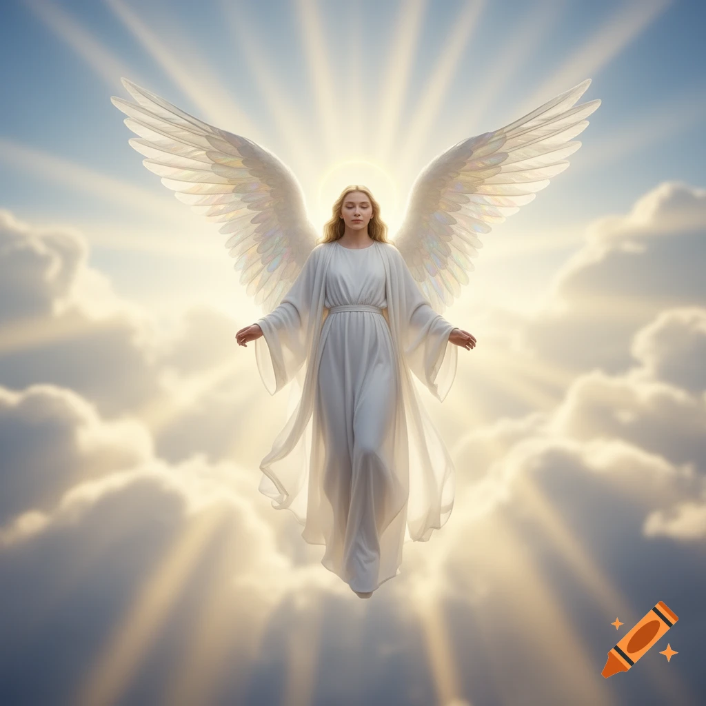 A photorealistic image of a beautiful angel with large white wings and a halo, floating in a cloudy sky with sun rays beaming down.