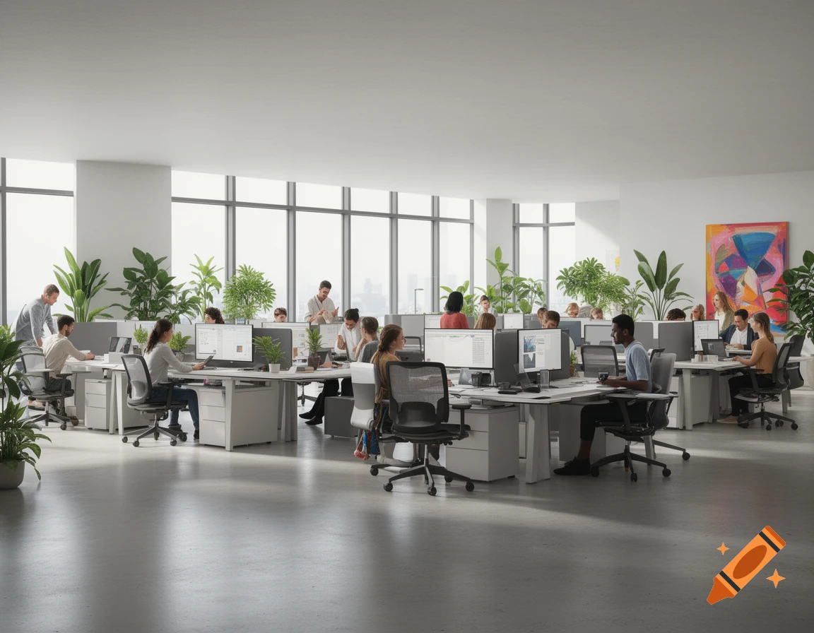 Photorealistic image of a busy modern open-plan office with diverse employees working at computers.