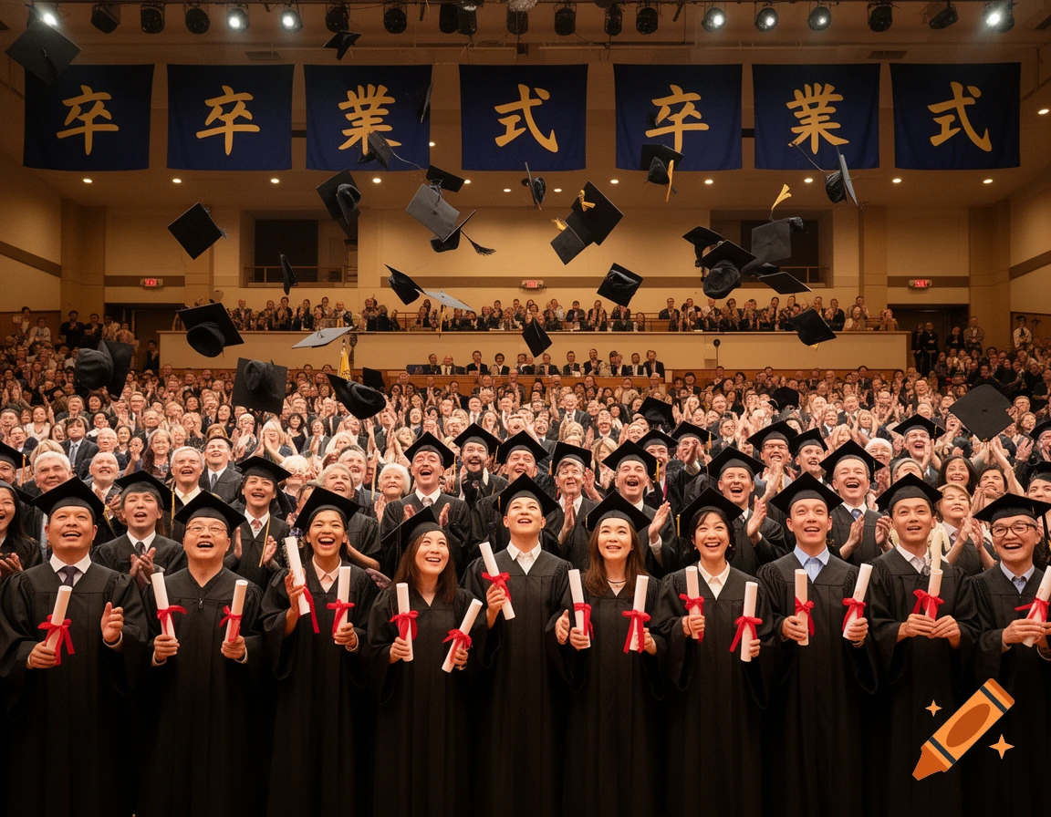 Graduates in caps and gowns cheer and throw hats in the air at a ceremony, holding diplomas under banners with Japanese text.