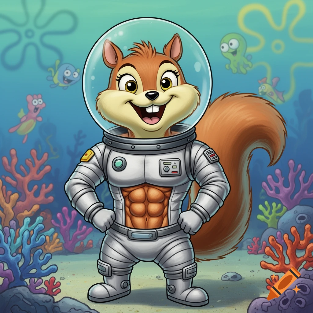 Sandy Cheeks from SpongeBob SquarePants stands underwater in a white astronaut suit, showing off her abs, surrounded by colorful coral and marine life.