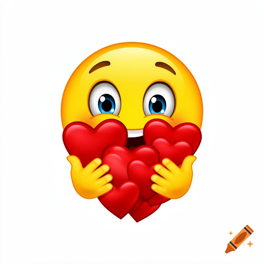 Happy yellow emoji with wide eyes and a smile, holding several shiny red hearts against a white background.