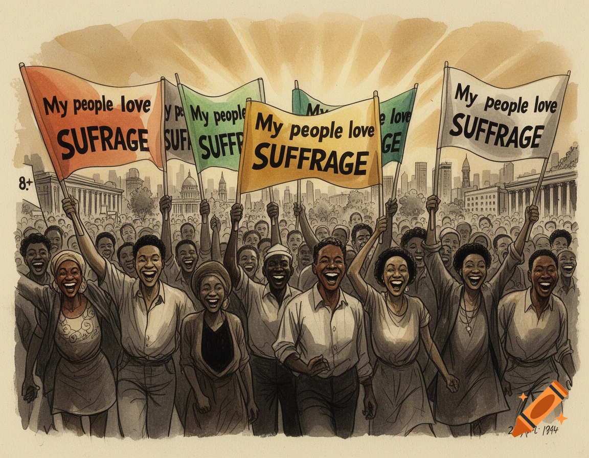 A joyous crowd of people, mostly Black, cheer and hold banners saying 'My people love SUFFRAGE' in a political cartoon style.