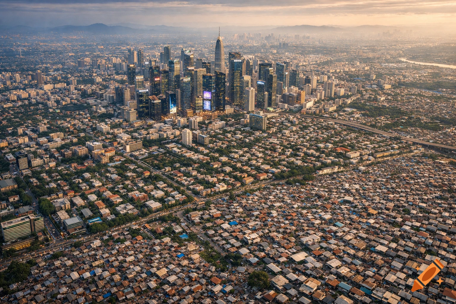 An aerial wide-angle view of a modern megapolis with a dense financial district and skyscrapers, surrounded by urban grids and sprawling suburbs, transitioning to dense slum areas on the outskirts under a hazy sky.