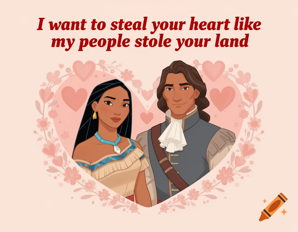 A Valentine's Day card with cartoon Pocahontas and John Smith, surrounded by a floral heart, with the text 'I want to steal your heart like my people stole your land'.