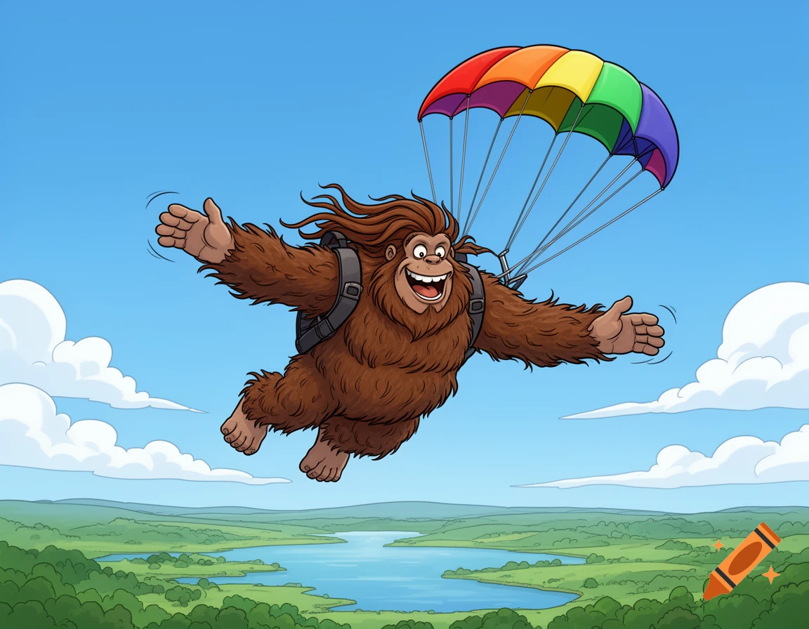 A happy cartoon Bigfoot with a rainbow parachute smiles while skydiving over a green landscape with a lake.