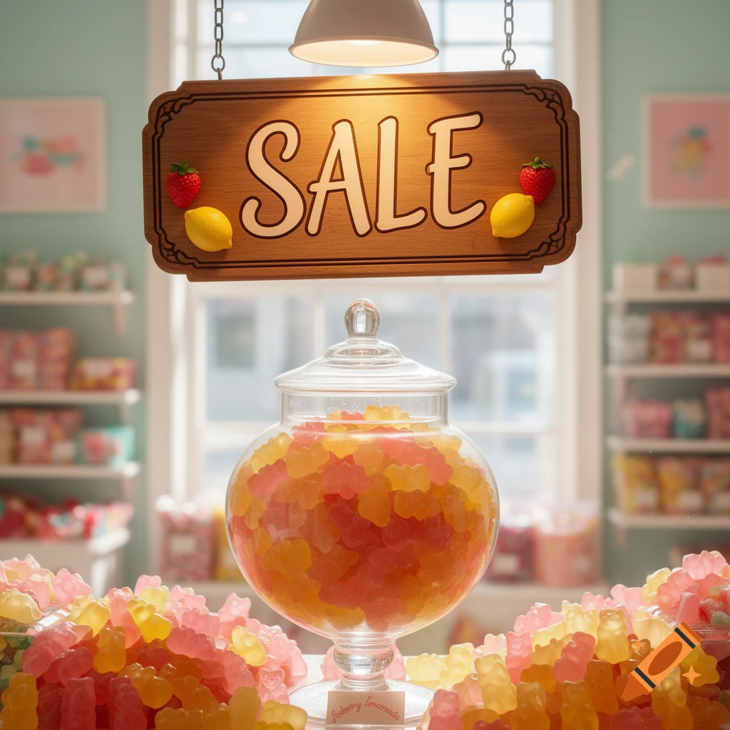 A vibrant candy shop scene with a prominent 'SALE' sign, a large glass jar filled with yellow and pink gummy bears, and piles of gummies on a table.