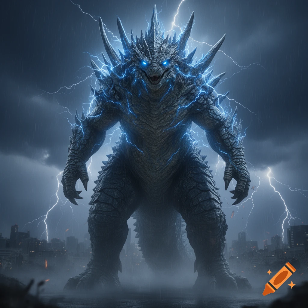 A monstrous kaiju with glowing blue eyes and jagged spikes, engulfed in bright blue lightning, stands in a stormy, ruined city.