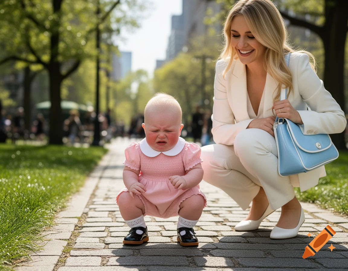 A crying baby squats on a city park sidewalk, alongside a smiling woman in a white pantsuit.