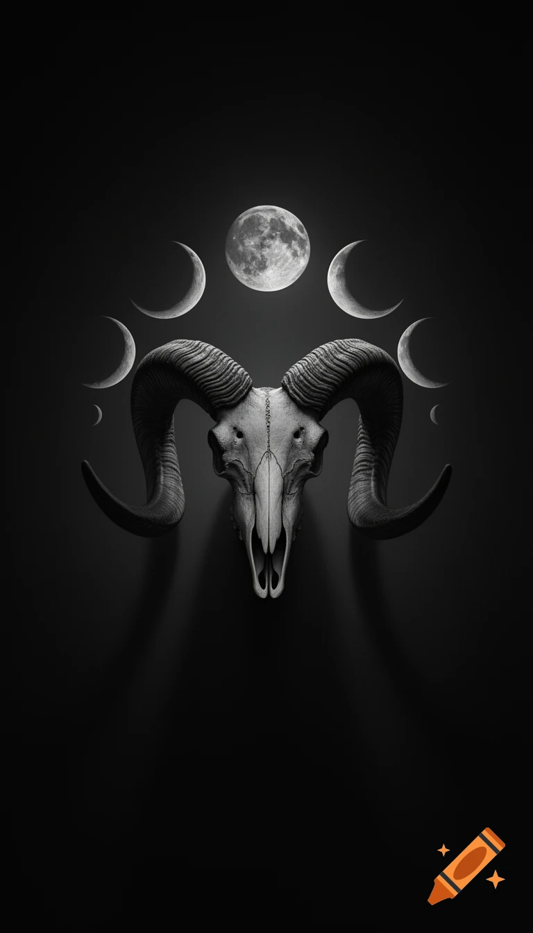 A stylized black and white drawing of a ram skull with large curved horns, surrounded by various phases of the moon, against a dark background.