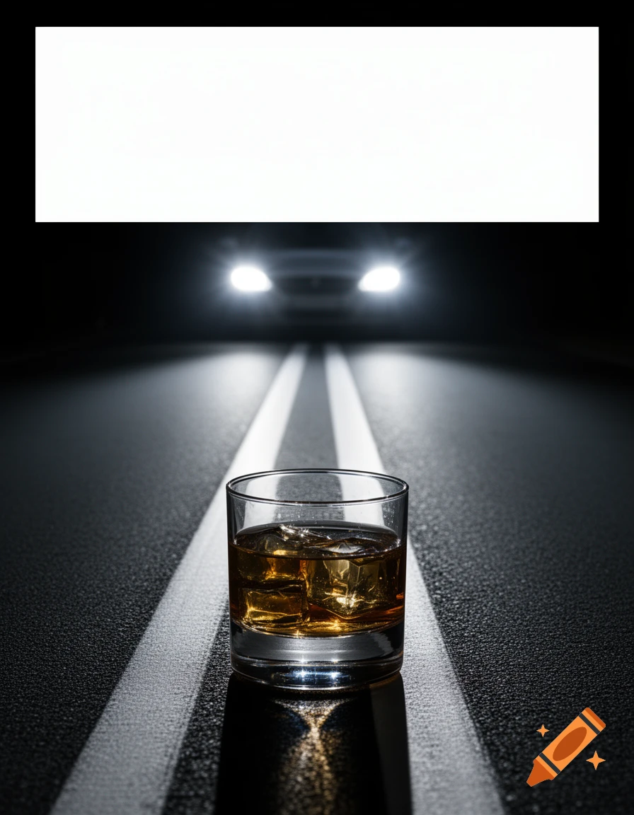 A glass of whiskey with ice on a dark road at night, with blurry car headlights in the background, in a dramatic, photorealistic style.