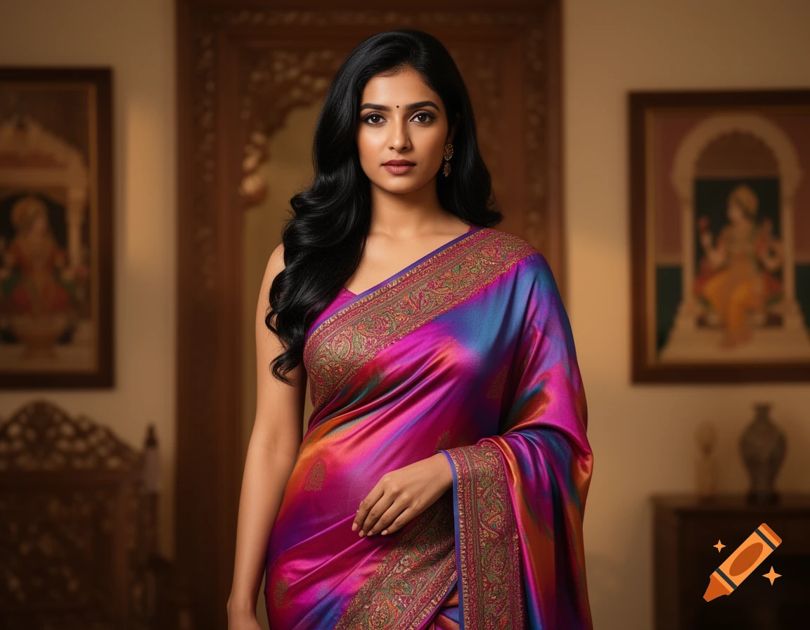 Photorealistic portrait of an Indian woman in a vibrant, multi-colored silk saree with intricate patterns, in a traditional room.