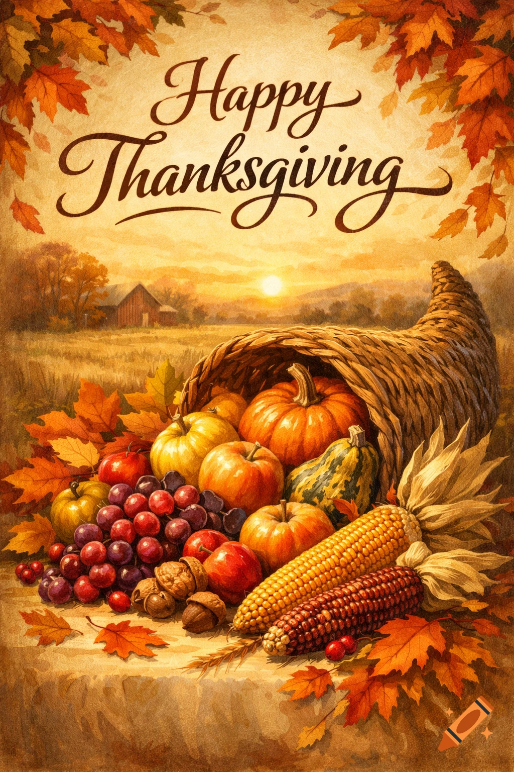 A detailed illustration of a Thanksgiving cornucopia overflowing with pumpkins, grapes, apples, and corn, with "Happy Thanksgiving" text.