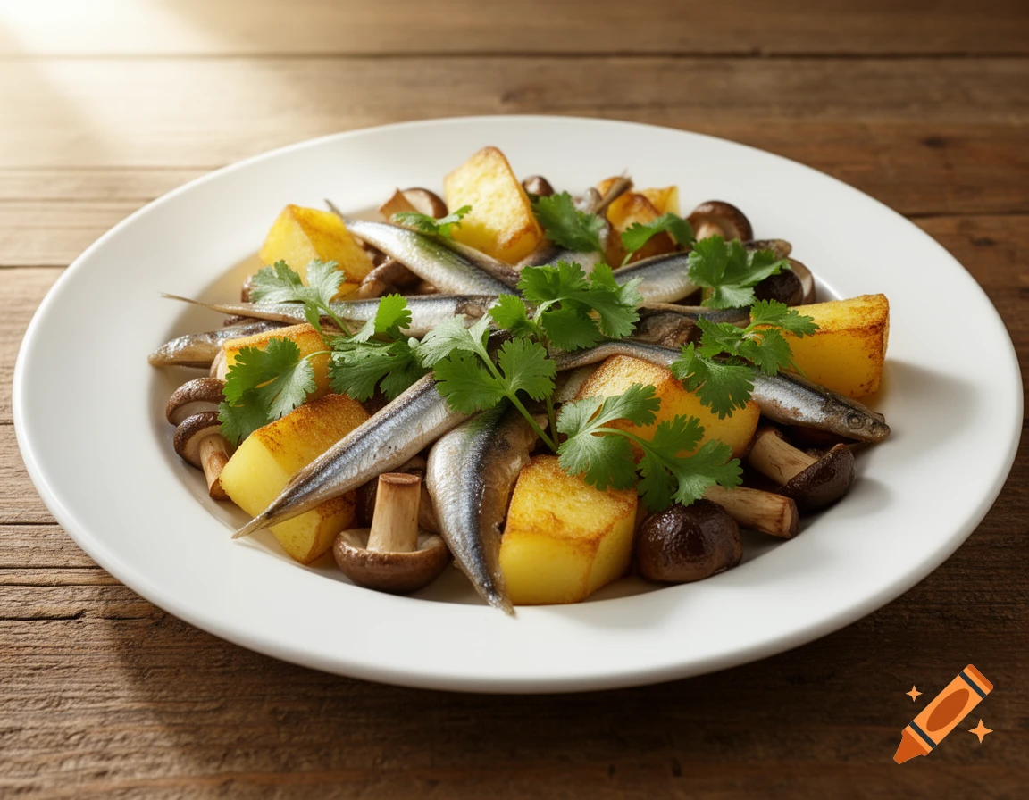 A plate of cooked anchovies, golden fried potatoes, mushrooms, and fresh cilantro on a wooden table.