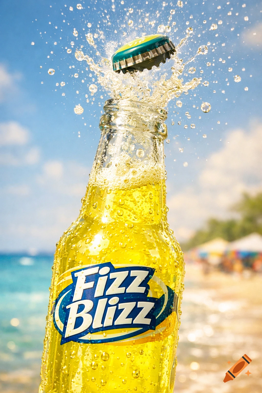 Photorealistic image of a yellow Fizz Blizz soda bottle exploding with fizz, cap flying off, on a sunny beach.