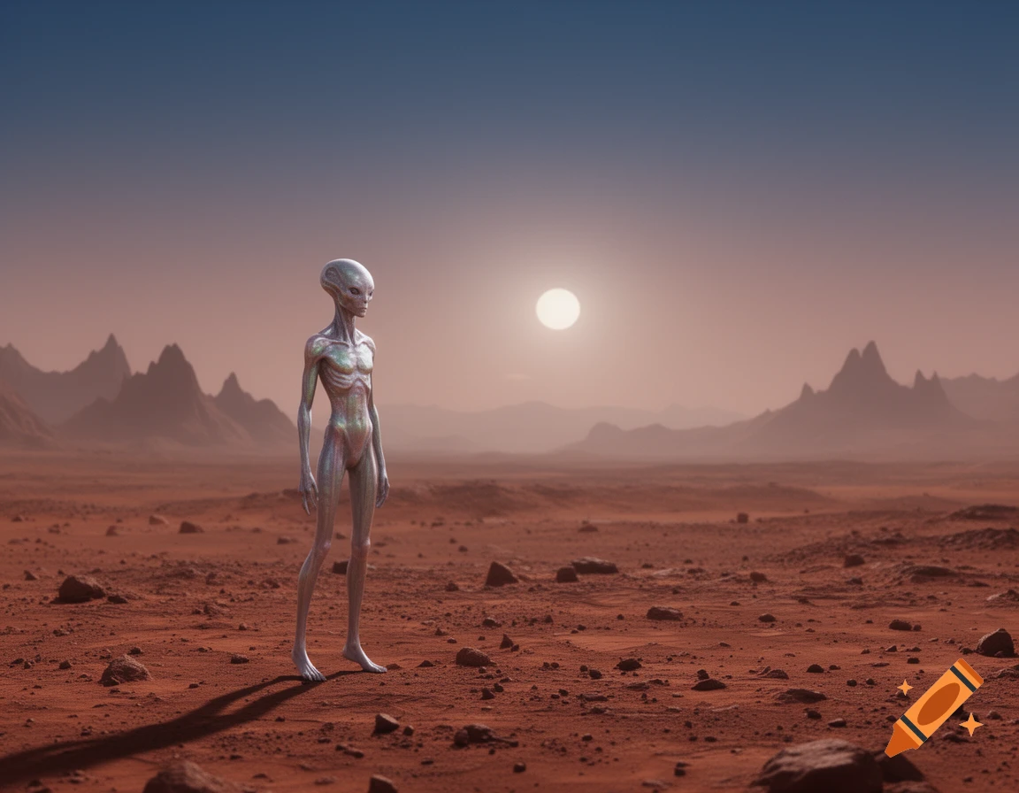 A tall, slender grey alien stands on a red, rocky desert planet under a hazy sky with a bright sun and distant mountains.