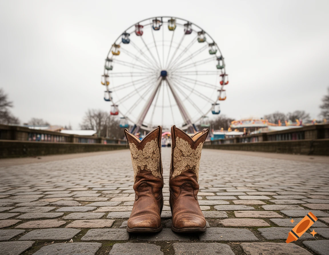 A pair of brown cowboy boots with intricate embroidery stands on a cobblestone path, a colorful Ferris wheel blurred in the background on an overcast day.