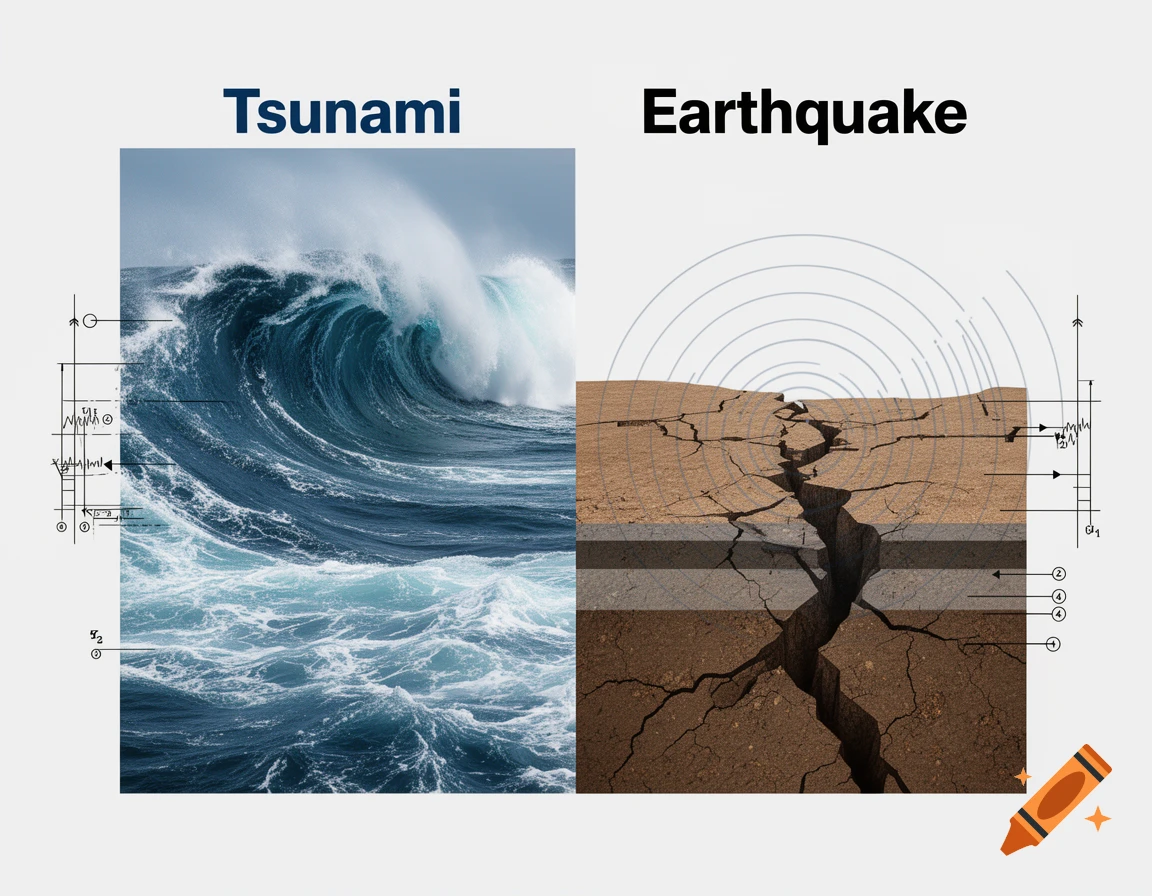 A split image showing a powerful blue tsunami wave on the left and a cross-section of cracked earth for an earthquake on the right.