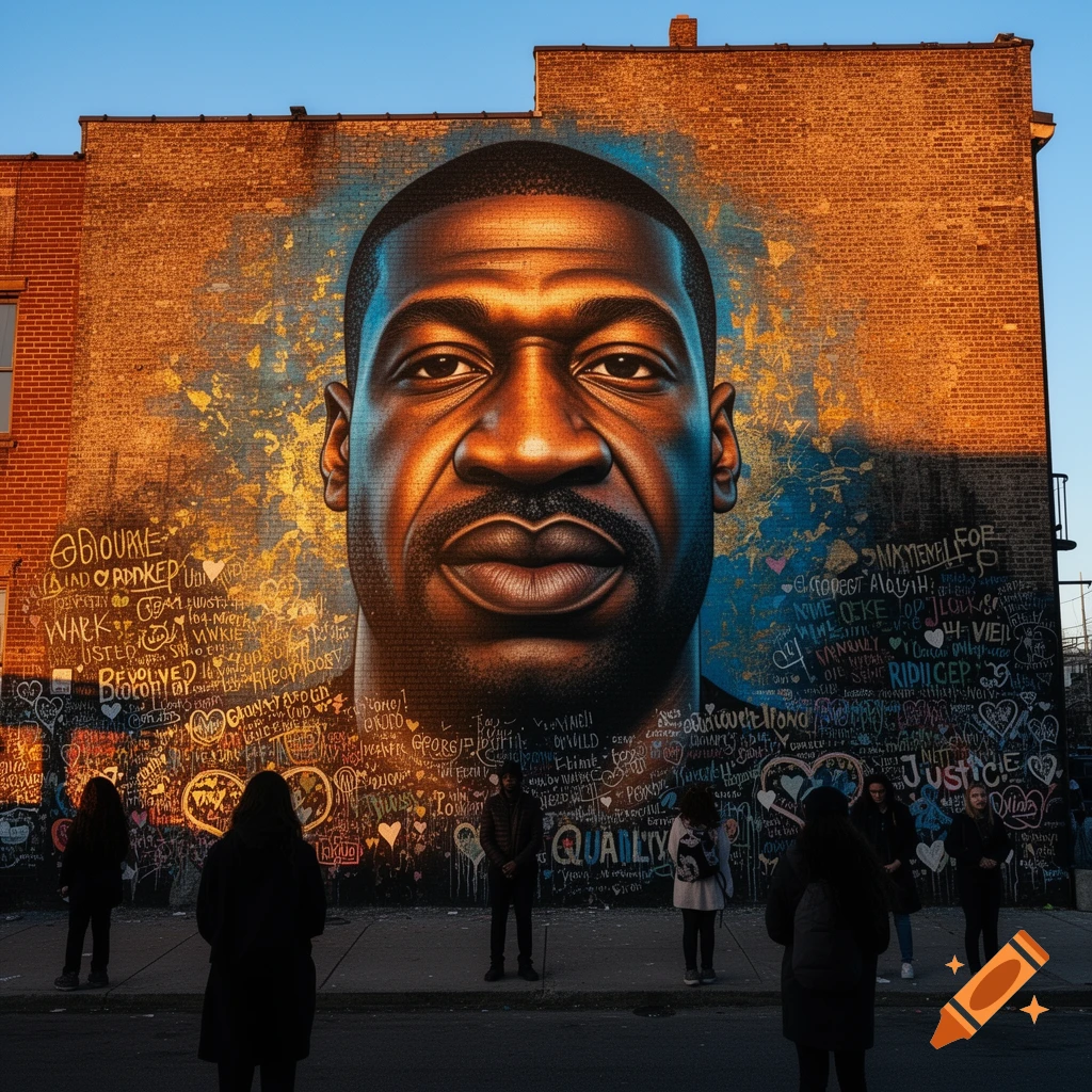 A large mural of George Floyd's face on a brick wall, covered in graffiti-like text. People stand facing the mural from below, bathed in warm light.