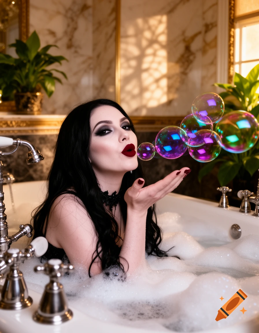 Photorealistic image of a goth woman in a foamy bathtub, blowing iridescent soap bubbles while looking at the viewer.