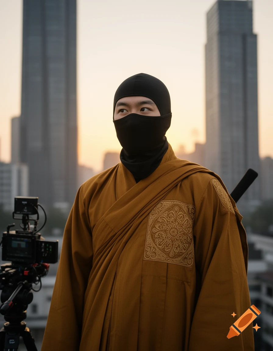 A person in a black ninja mask and brown Buddhist robe on a rooftop with a city skyline and camera at sunset.