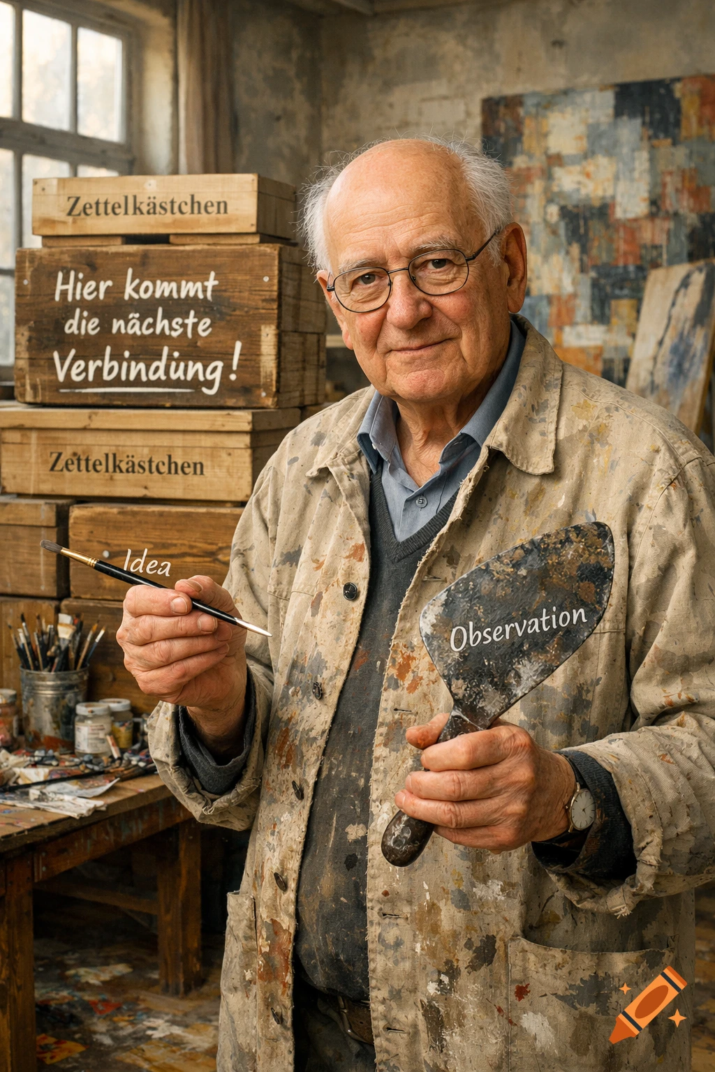 A photorealistic portrait of an old artist in his studio, holding a brush labeled 'Idea' and a trowel labeled 'Observation', with text on wooden boxes in the background.