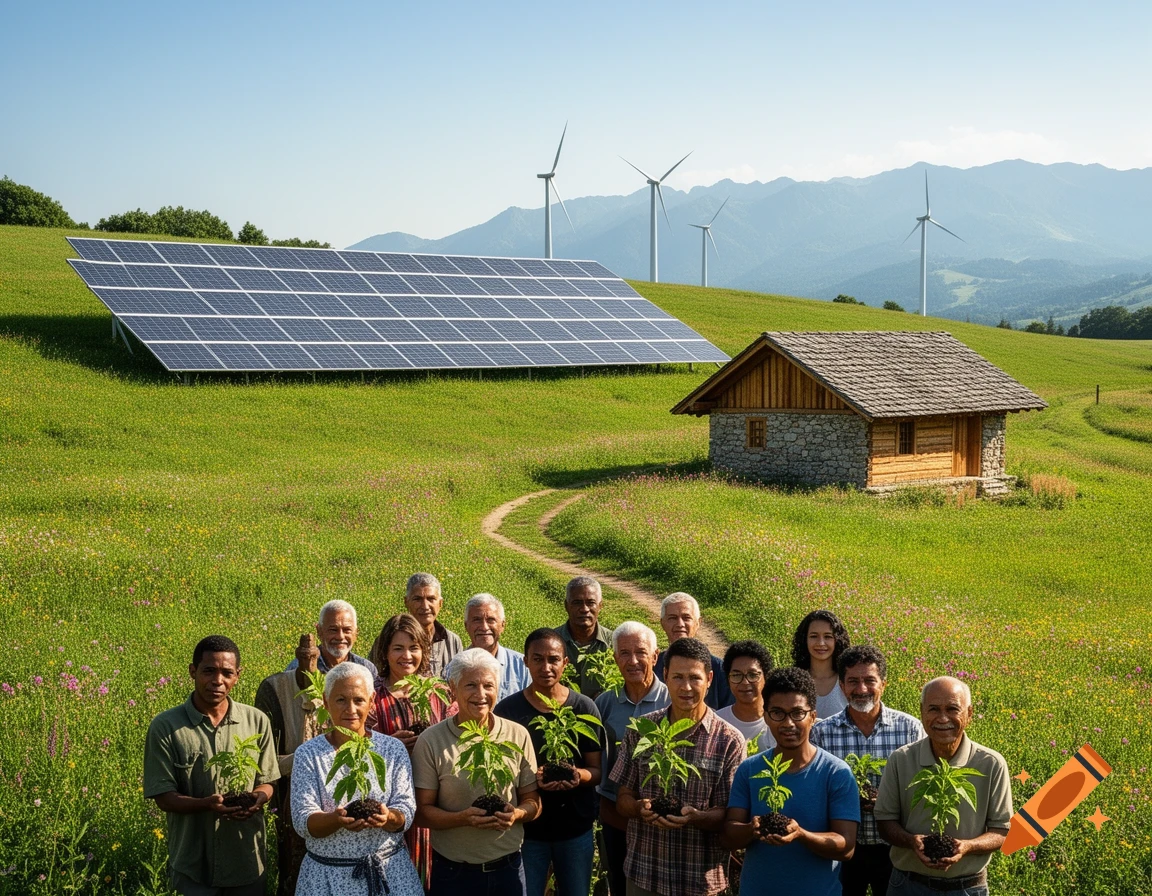 Diverse group holding plants in a green field with solar panels, wind turbines, a small house and mountains, symbolizing sustainability.