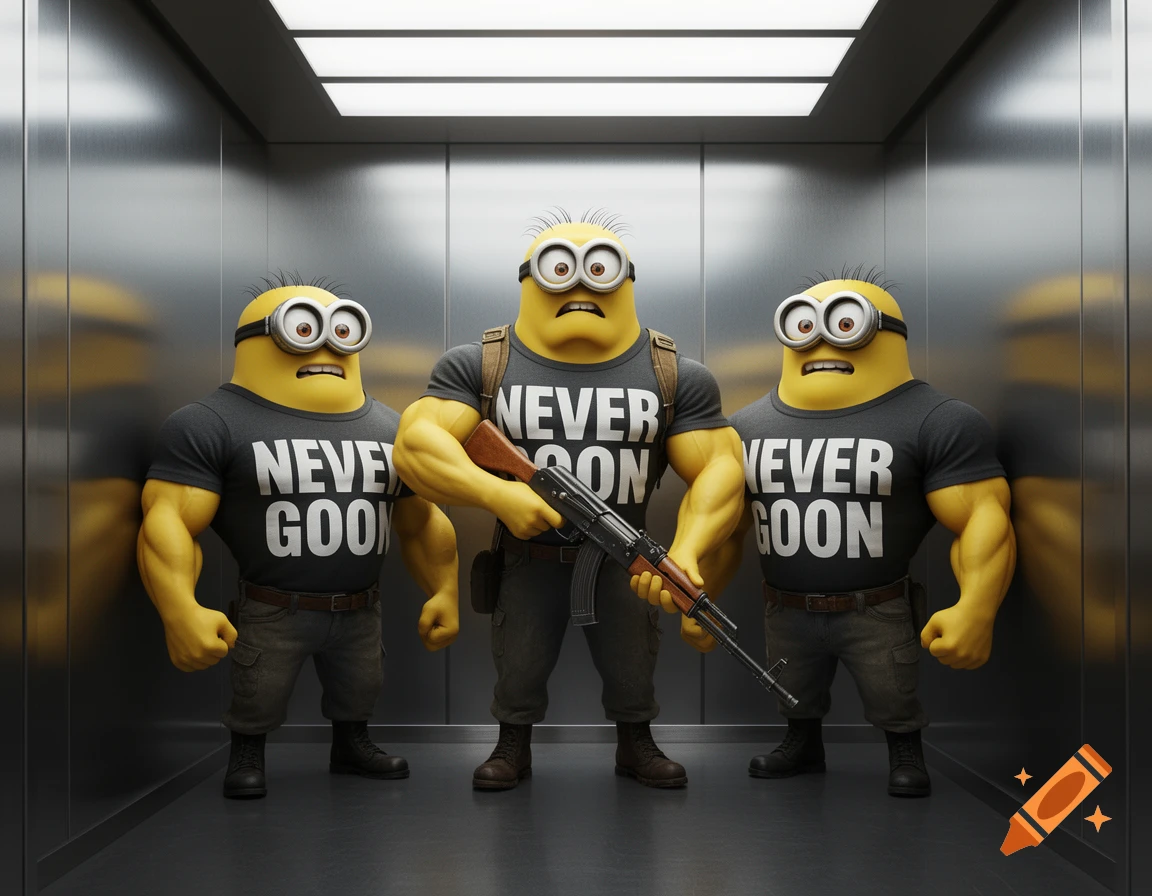Three muscular Minions in a metallic elevator, wearing 'NEVER GOON' shirts; the central Minion holds an AK47.