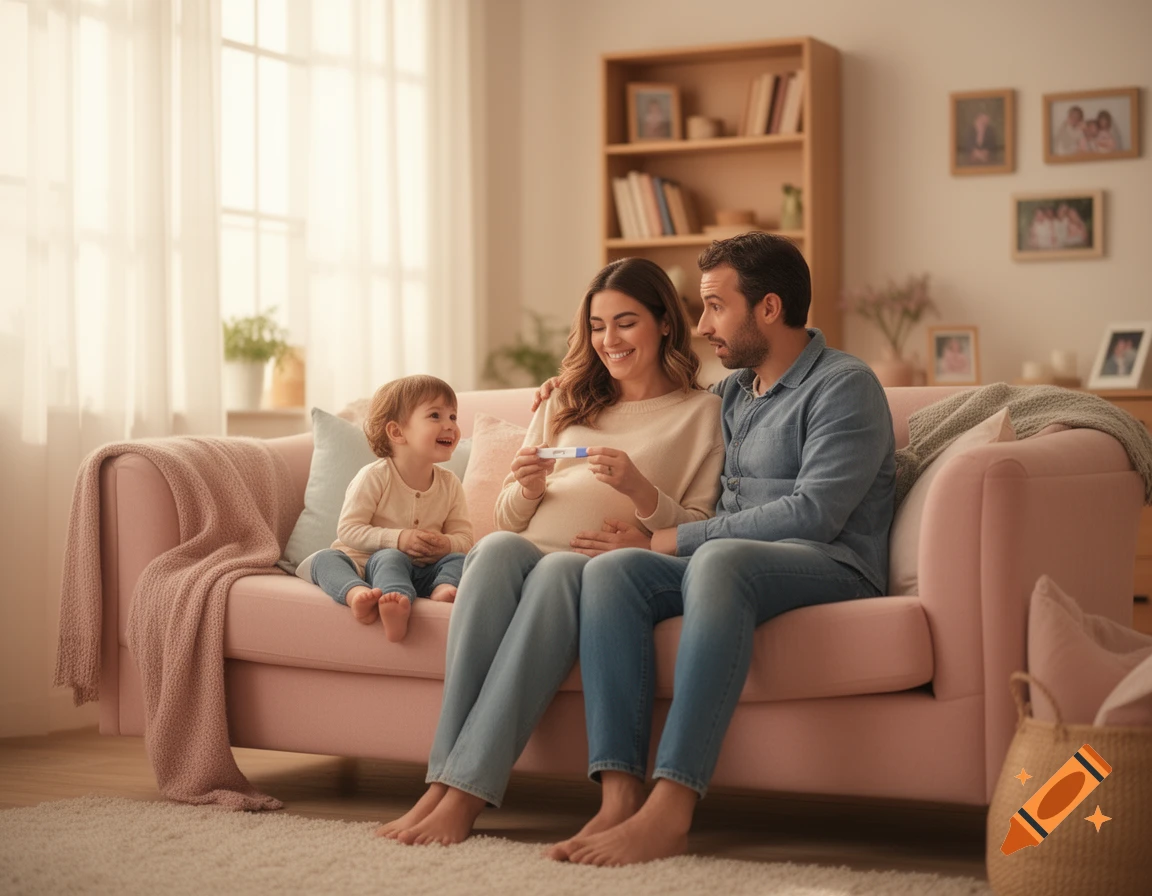 A happy pregnant woman holds a positive pregnancy test with her surprised husband and smiling child on a pink sofa.