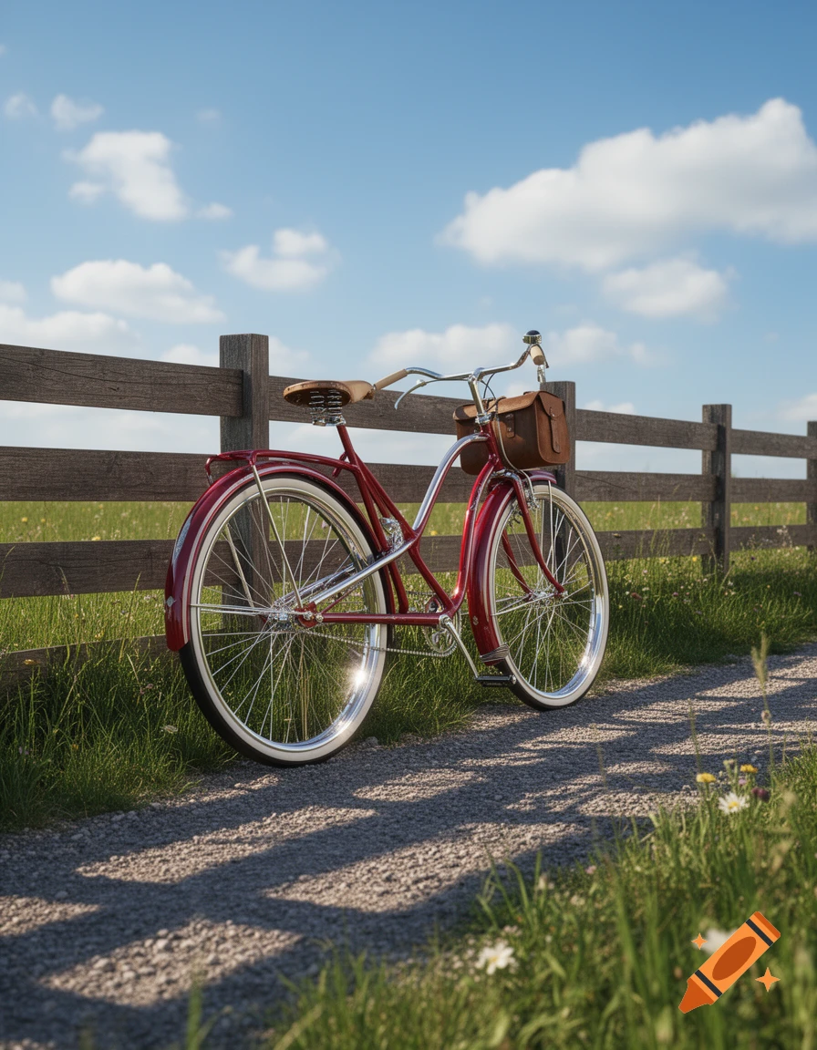 A red vintage bicycle with a leather bag parked beside a wooden fence on a gravel path under a sunny sky.