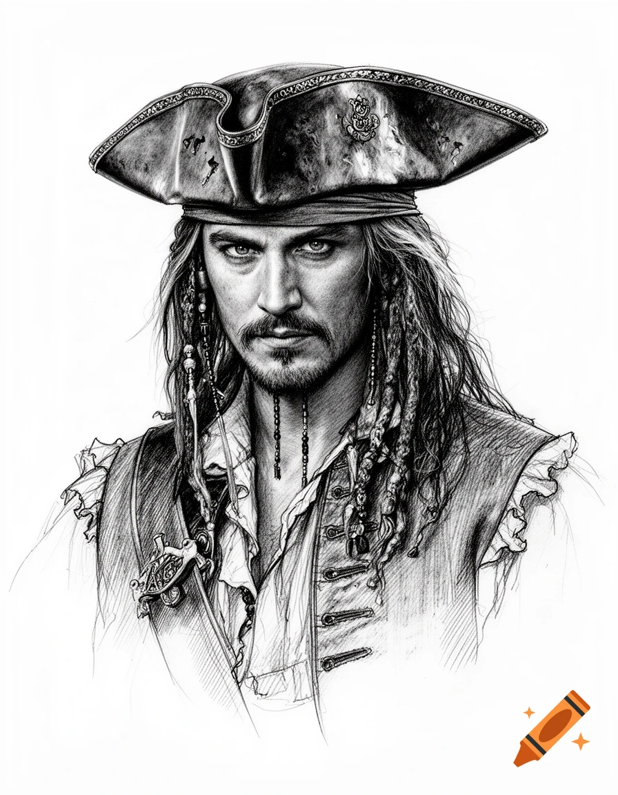 Black and white sketch portrait of a man resembling Captain Jack Sparrow from Pirates of the Caribbean, wearing a tricorn hat and pirate vest.