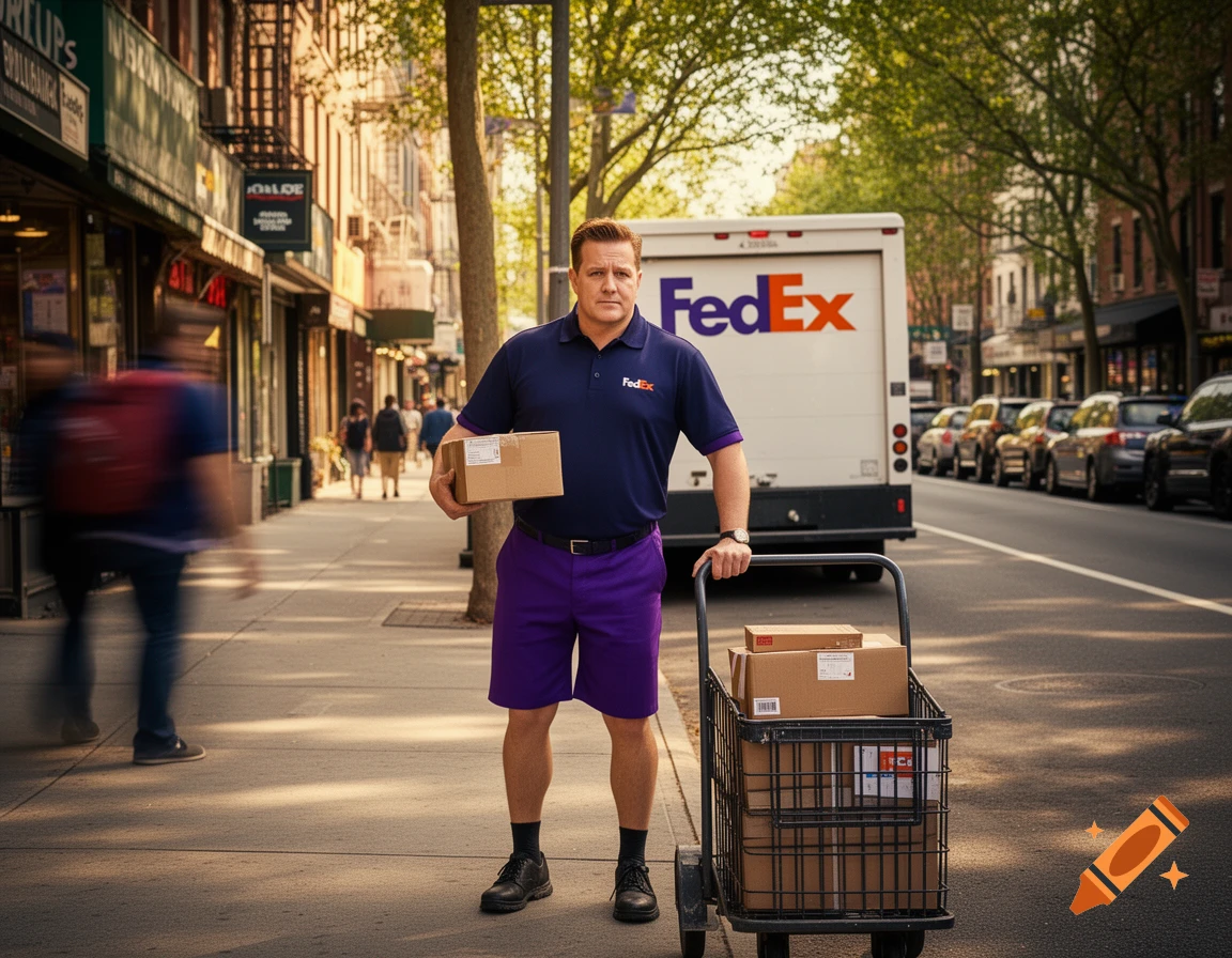 A photorealistic image of a FedEx delivery worker in uniform, holding a package and standing with a hand truck full of boxes on a city street with a FedEx truck in the background.