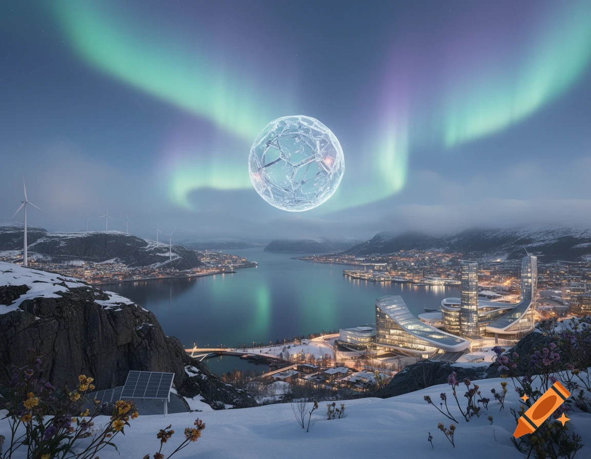 A futuristic cityscape with sleek buildings along a snowy fjord under a vibrant aurora borealis and a glowing, crystalline orb in the sky.