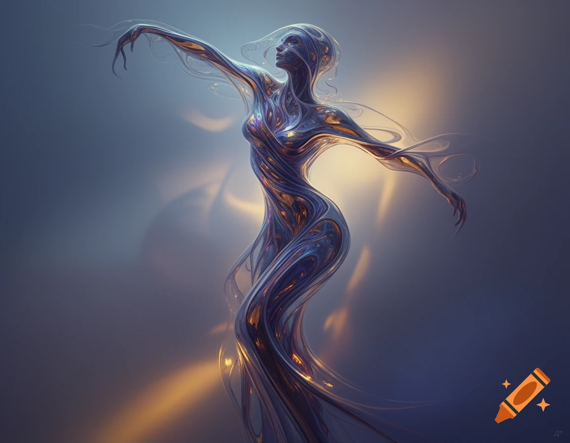 Abstract flowing figure resembling a woman, made of shimmering blue and gold liquid-like threads against a gradient blue background with warm light.