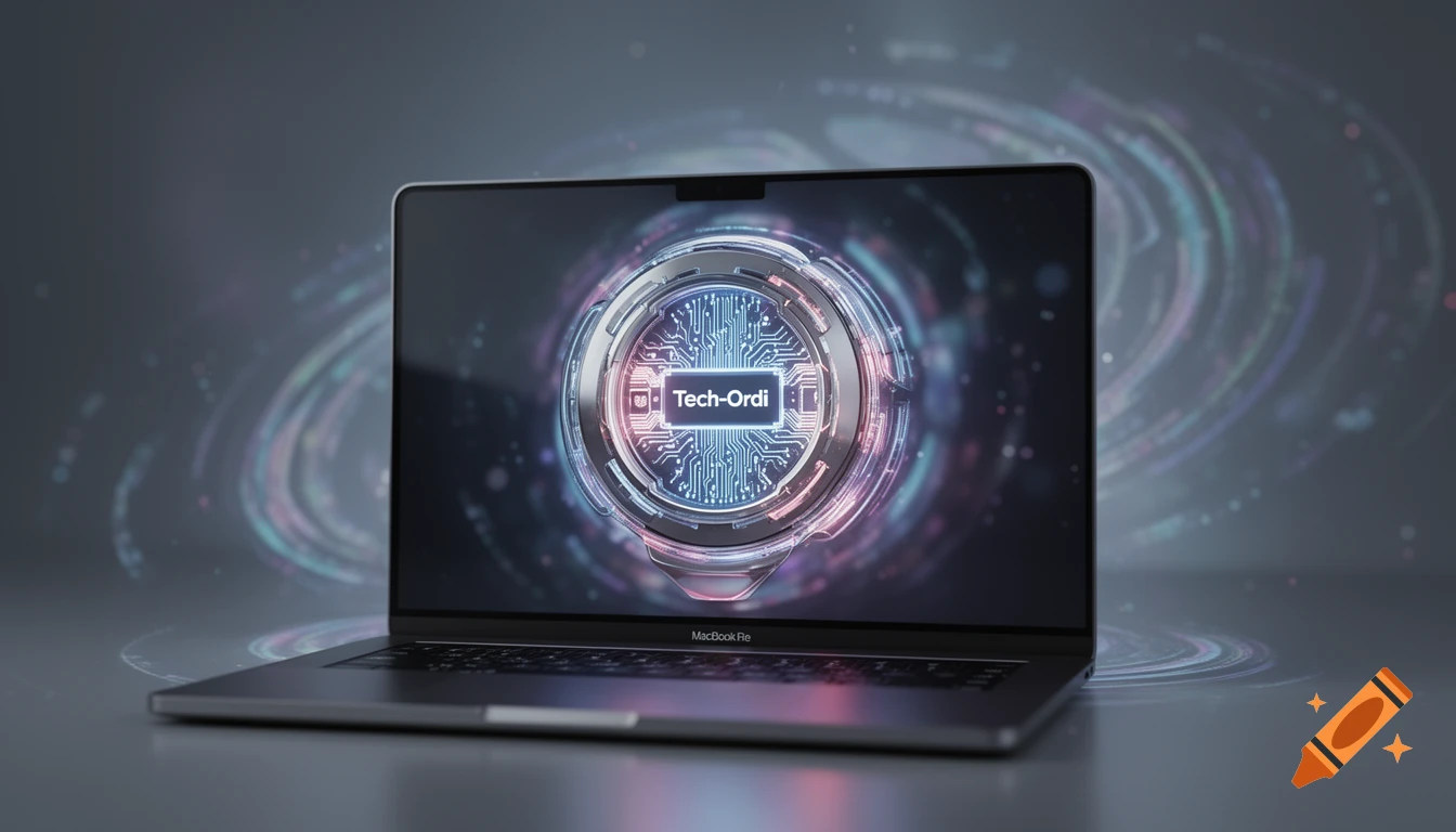 A dark grey MacBook Pro laptop displays a glowing circuit board design with 'Tech-Ordi' text, against a swirling abstract background.