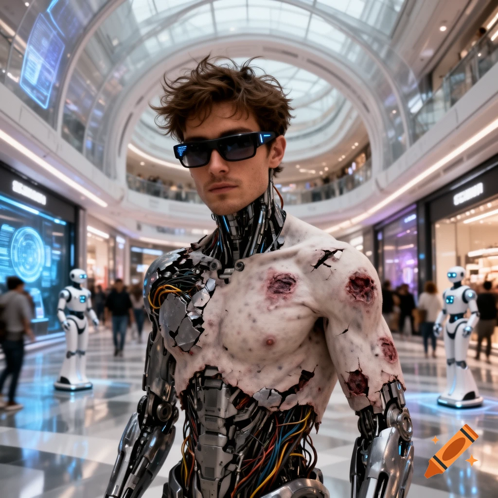 A photorealistic image of a badly damaged male cyborg wearing sunglasses, standing in a futuristic shopping mall.