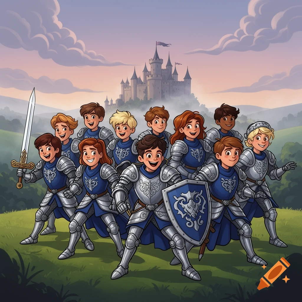 Group of smiling cartoon children knights in a field with a castle. One holds a sword, another a shield.