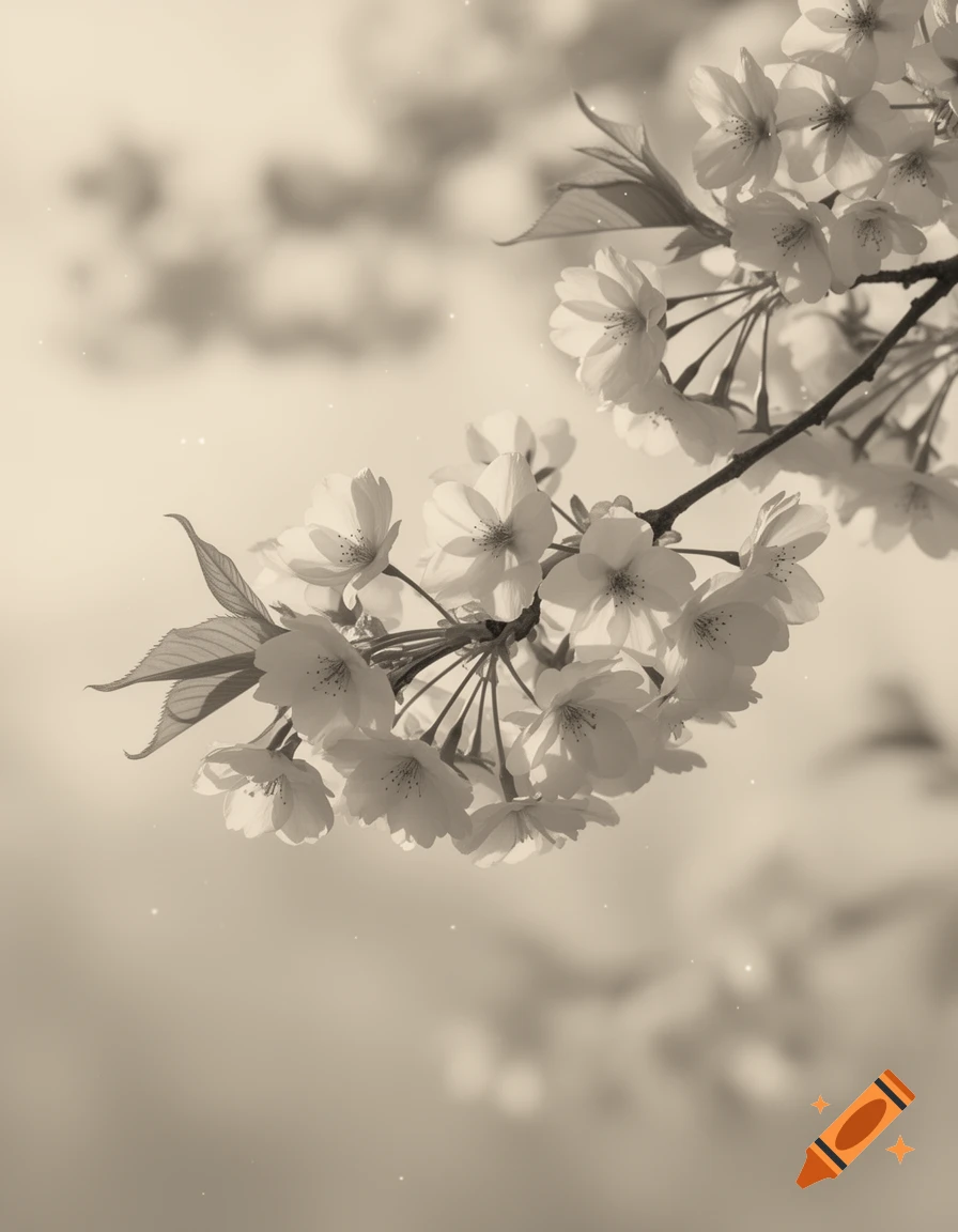 Close-up of a branch with delicate cherry blossoms in a soft, sepia-toned monochromatic photograph against a blurred background.
