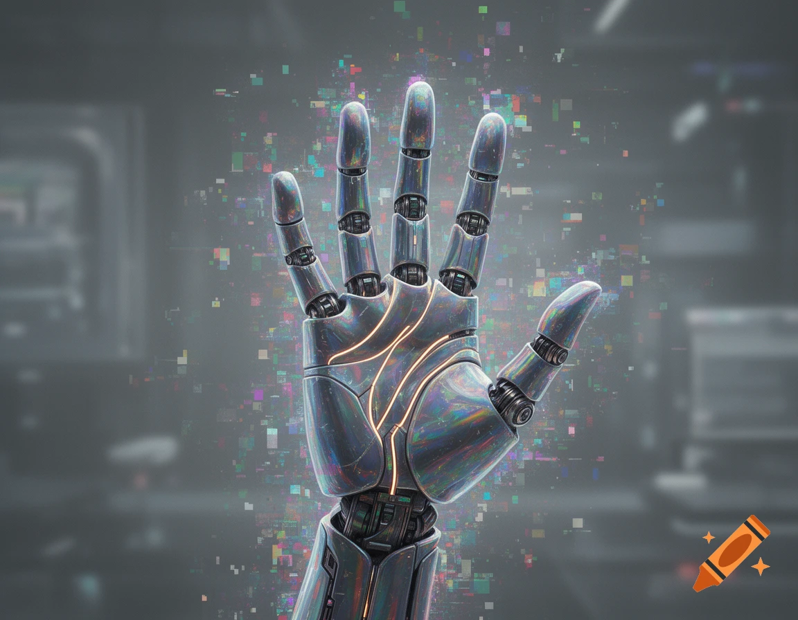 A metallic robotic hand with glowing lines holds up four fingers, surrounded by colorful digital glitch pixels.
