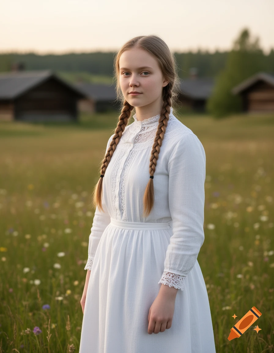 A young woman with braided hair and a white dress stands in a grassy field with old wooden houses in the background.