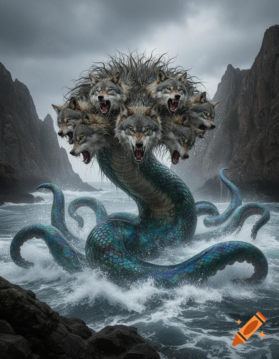 A multi-headed sea monster with wolf heads, a scaled body, and octopus tentacles emerges from stormy seas near rocky cliffs.