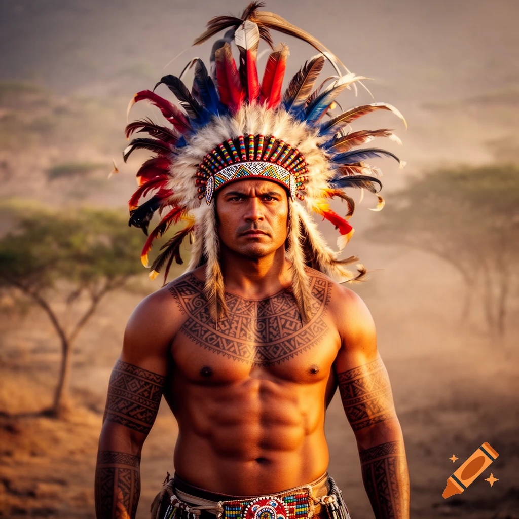 Photorealistic portrait of a bare-chested man in a colorful feather headdress and body art, standing outdoors.