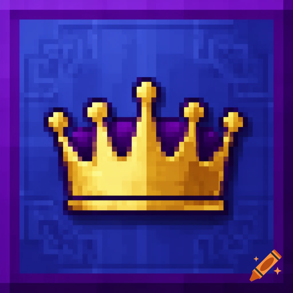 A golden pixel art crown with purple accents on a blue pixelated background, resembling a game server icon.
