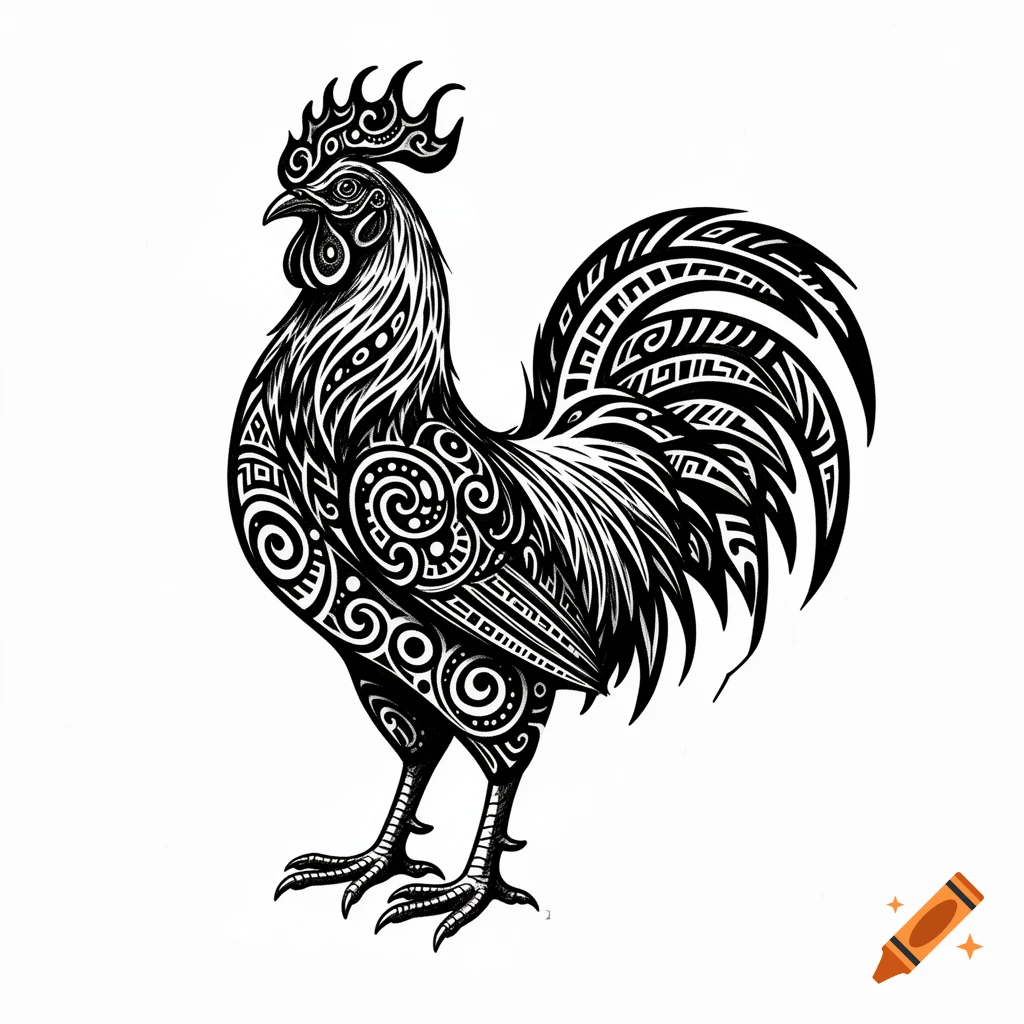 Black and white illustration of a rooster with intricate tribal patterns on its body.
